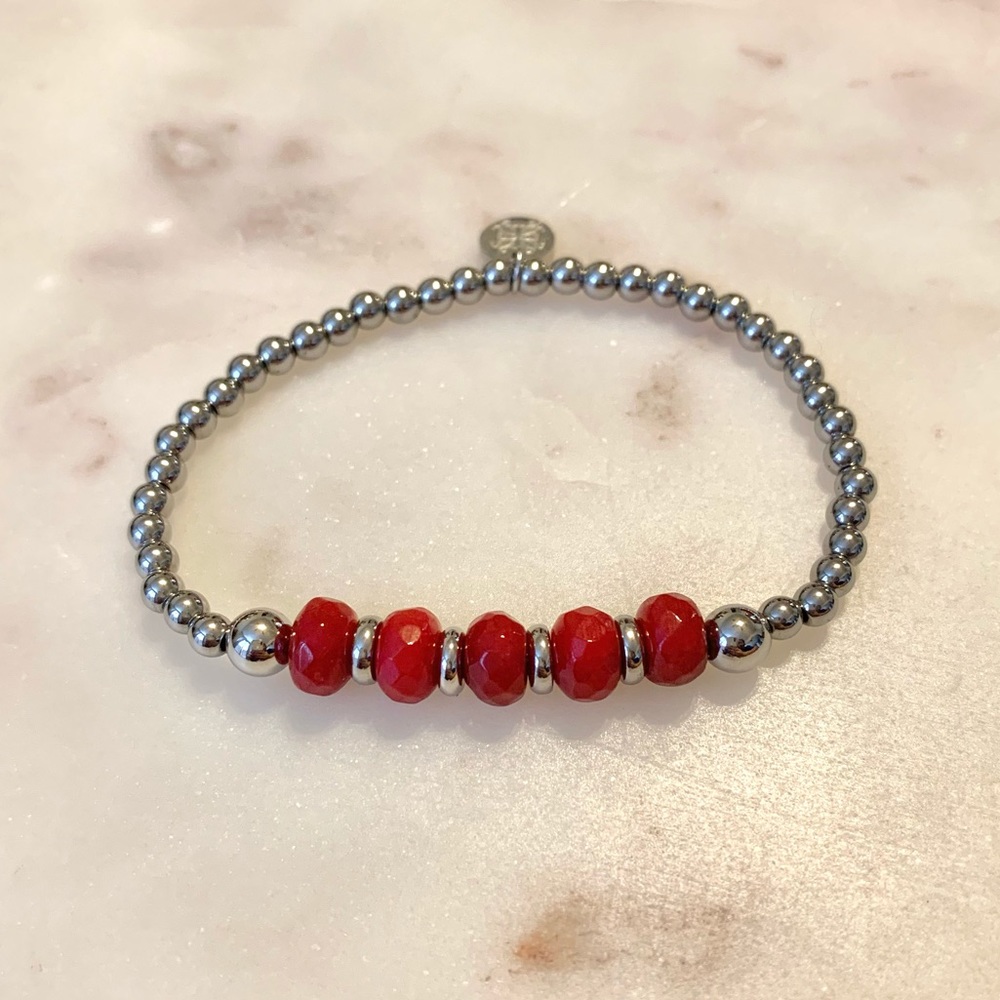 Silver and Red Beaded Rustic Cuff Bracelet